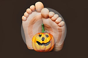 Happy Halloween. The legs of a little girl with a pumpkin lie on a dark background. Pumpkin Jack close-up, next to the feet of a l