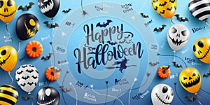 Happy Halloween Lettering and Blue Background with Halloween Ghost Balloons.Scary air balloons.Website spooky,Background or banner