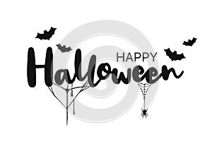 Happy Halloween lettering. Handwritten calligraphy with spider, bats and spider web for greeting card, poster, banner, flyer and