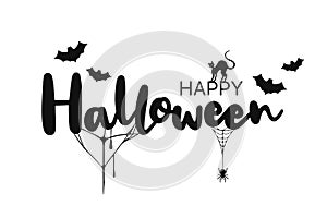 Happy Halloween lettering. Handwritten calligraphy with spider, cat and spider web for greeting card, poster, banner, flyer and