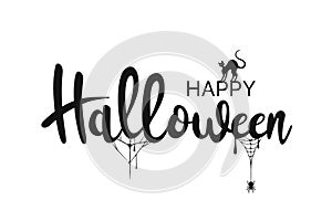 Happy Halloween lettering. Handwritten calligraphy with spider, cat and spider web for greeting card, poster, banner, flyer and