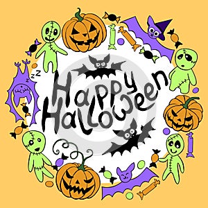Happy Halloween-lettering in round frame of holiday design characters, icons. Festive border, title for guising