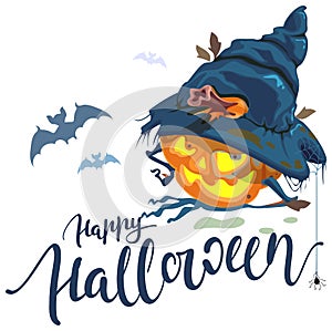 Happy Halloween lettering text greeting card. Cute scary pumpkin lantern in witch hat cap