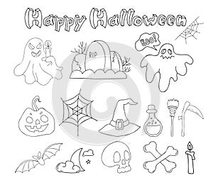 Happy Halloween. Linear hand drawn doodles Jack pumpkin, ghost, web, skull and crossbones, grave, bat, witch hat, scythe