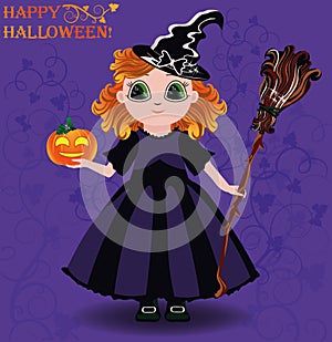 Happy Halloween. Little girl witch and pumpkin card