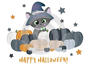 Happy Halloween Magic night. Greeting card with cat and pumpkins