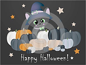 Happy Halloween Magic night. Greeting card with cat and pumpkins