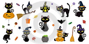 Happy Halloween. Mega set of black cat with yellow eyes in different poses with a pumpkin, on a broomstick, in a hat of a witch an