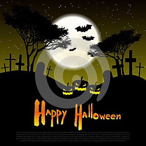Happy Halloween message design background, vector illustration. Full moon, tombs, pumpkins