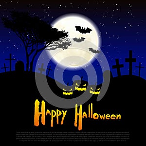 Happy Halloween message design background, vector illustration. Full moon, tombs, pumpkins.