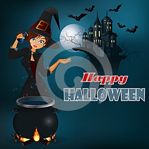 Happy Halloween message, graphic background with witch and moonlight scene