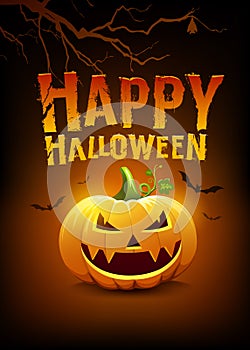 Happy Halloween message pumpkins and bat with tree, on orange and black poster design photo