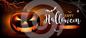 Happy Halloween message pumpkins ghost, bat, on orange and black background photo
