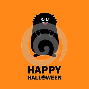 Happy Halloween. Monster black silhouette. Fang tooth. Open mouth. Two eyes, teeth, tongue, hands. Funny Cute cartoon baby charact