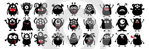 Happy Halloween. Monster black silhouette super big icon set. Cute cartoon kawaii scary funny baby character. Eyes, tooth fang, photo