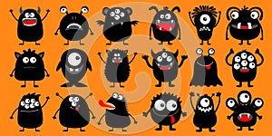 Happy Halloween. Monster black silhouette super big icon set. Eyes, tongue, tooth fang, hands up. Cute cartoon kawaii scary funny photo