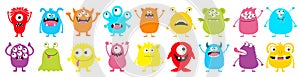 Happy Halloween. Monster colorful round silhouette icon super big set line. Eyes, tongue, tooth fang, hands up. Cute cartoon photo