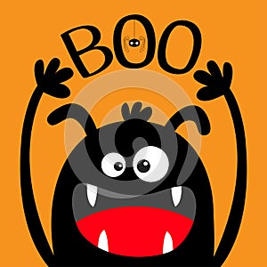 Happy Halloween. Monster head black silhouette. Eyes, ears, teeth fang, tongue, hands up. Boo text. Hanging spider. Cute cartoon photo