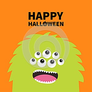 Happy Halloween. Monster scary screaming face head icon. Eyes, fang tooth. Cute cartoon boo spooky character. Green silhouette. Ka