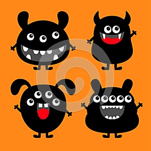 Happy Halloween. Monster set. Black smiling monsters. Cartoon kawaii funny boo character. Cute face head. Childish baby collection