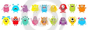 Happy Halloween Monster set line. Cute kawaii cartoon colorful funny scary character icon. Eyes, horns, hands, tongue, fang teeth