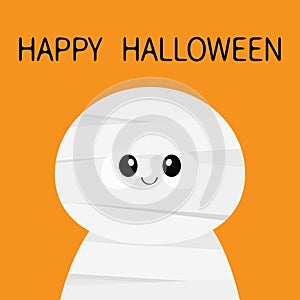 Happy Halloween. Mummy monster. Cute cartoon funny spooky baby character. Mum head face. Greeting card. Flat design. Orange backgr