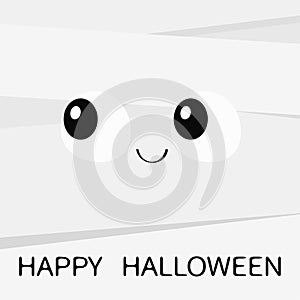 Happy Halloween. Mummy monster square face. Cute cartoon funny spooky baby character. Mum head with eye and smile. Greeting card.