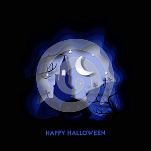 Happy halloween night 3d abstract paper cut illlustration with pumpkin, house, cementry. Vector colorful template photo