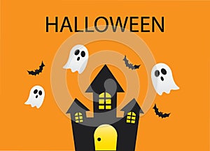 Happy Halloween Night with Ghost and Black House Orange Background Illustration