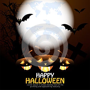 Happy halloween night horror background with glowing pumpkin, full moon and flying bats
