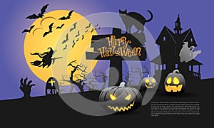 Happy Halloween night party yellow moon on purple design for holiday festival celebration background vector