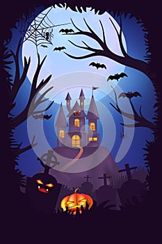 Happy Halloween night poster design, Creepy cemetery, pumpkins, with castle and full moon background
