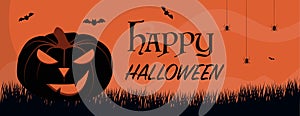 Happy Halloween orange banner with pumpkin and bats