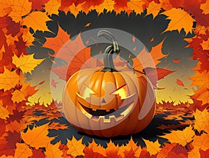 Happy Halloween orange carving jack-o'-lantern pumpkin with glowing eyes on a background of autumn maple leaves, in