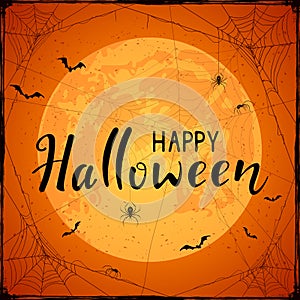 Happy Halloween on orange grunge background with Moon and spider