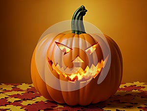 Happy Halloween orange jack o lantern pumpkin with glowing eyes, autumn maple leaves on orange design background, party