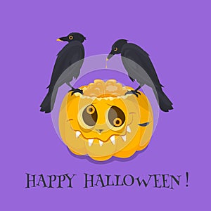 Happy Halloween. an orange pumpkin and two black crows.