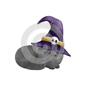 Happy Halloween party black cat wearing witch hat watercolor trick or Treating hand drawn isolated on white background