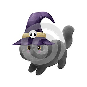 Happy Halloween party black cat wearing witch hat watercolor trick or Treating hand drawn isolated on white background