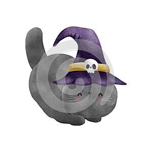 Happy Halloween party black cat wearing witch hat watercolor trick or Treating hand drawn isolated on white background