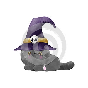 Happy Halloween party black cat wearing witch hat watercolor trick or Treating hand drawn isolated on white background