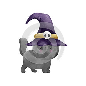 Happy Halloween party black cat wearing witch hat watercolor trick or Treating hand drawn isolated on white background