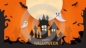 Happy Halloween party decoration with full moon and dark castle concept