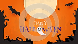 Happy Halloween party decoration with full moon and dark tree border concept paper cut style background