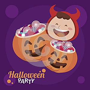 Happy halloween party with devil and candies in pumpkin