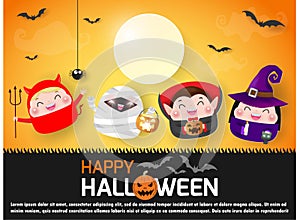 Happy Halloween party with group children jumping halloween costumes of paper art style, Template for advertising brochure.