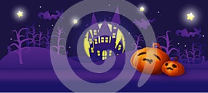 Happy halloween party haunted castle pumpkins head purple and darkness background theme