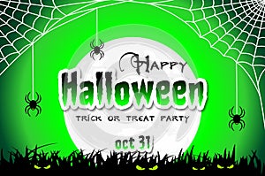 Happy Halloween party invitation. Halloween black, green and white illustration with full moon, cobweb, spiders, evil red eyes