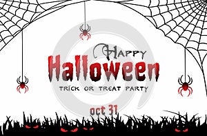 Happy Halloween party invitation. Halloween black, white and red illustration with cobweb, spiders, evil red eyes in the grass
