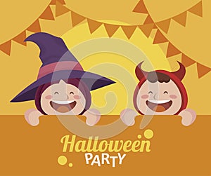 Happy halloween party with little devil and witch